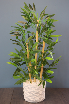 Yapay Çiçek Deposu - Beton Saksıda Bambu Ağacı Koyu Yeşil 65 cm (Taşlı Model)
