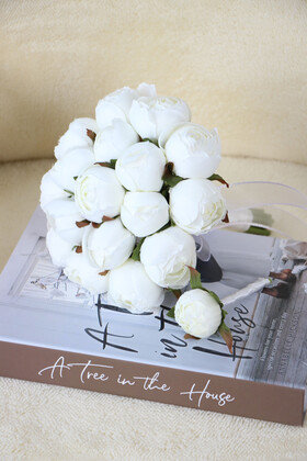 Yapay Çiçek Deposu - Gelin Buketi 17li Şakayık Güller Beyaz
