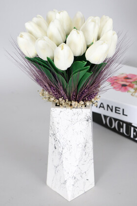 Yapay Çiçek Deposu - Mermer Desenli Prizmatik Vazoda Beyaz Lale Sadeliği Maia